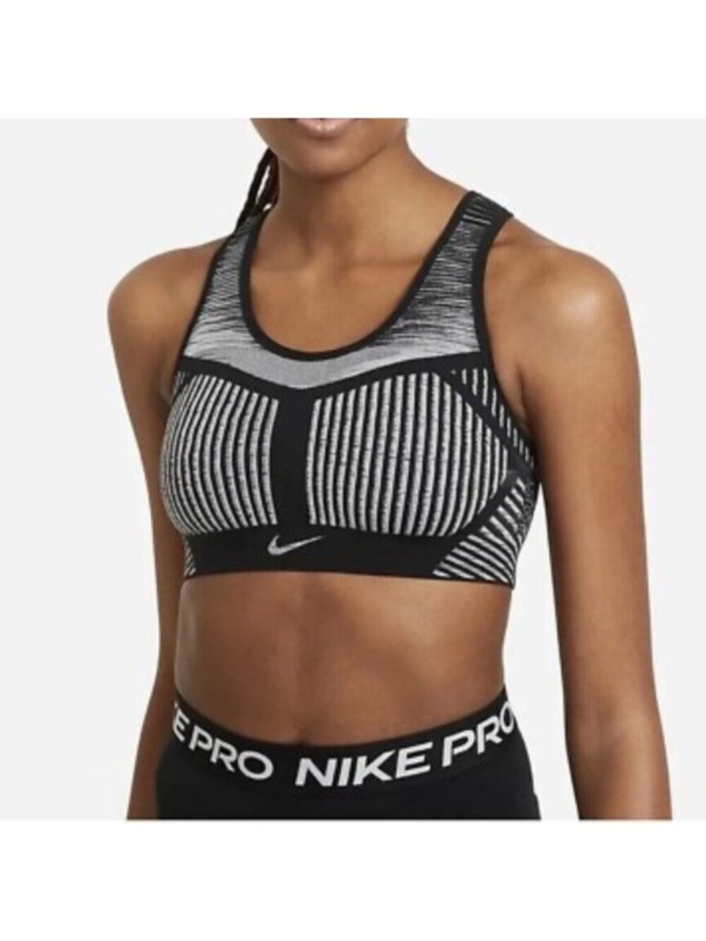 Nike Fe/Nom Flyknit High Support Sports Bra S Black White Non Padded Racerback
